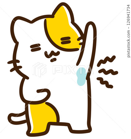這是一隻可愛的貓咪因擔心腋下出汗和異味而做出鬼臉的變形插圖。 126941734