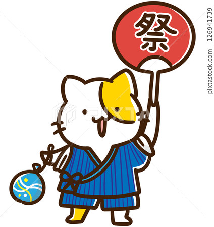 A deformed illustration of a cute cat character wearing a jinbei and participating in a summer festival A deformed illustration of a cute cat character wearing a jinbei and participating in a summer festival 126941739
