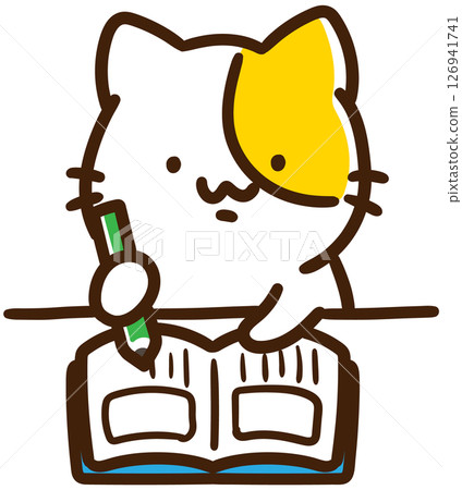 Upper body illustration of a cute cat character sitting and writing a picture diary 126941741