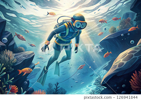 A diver swims in the depths among the beauty of the sea A diver swims in the depths among the beauty of the sea 126941844