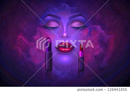 Women face with lipsticks on dark pink purple Women face with lipsticks on dark pink purple 126941850