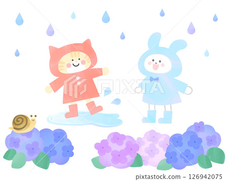 Watercolor illustration of a rainy season with a cat and a rabbit in a raincoat 126942075