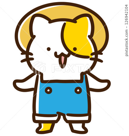 A deformed illustration of a cute cat character wearing a straw hat and overalls and dressed for farm work 126942104
