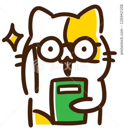 A deformed illustration of an elite-style cat character holding a book and pushing up his glasses 126942108