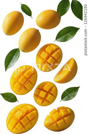 Mango slices and leaves floating on a transparent background Mango slices and leaves floating on a transparent background 126942180