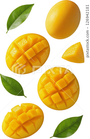 Mango slices and leaves floating on a transparent background Mango slices and leaves floating on a transparent background 126942181