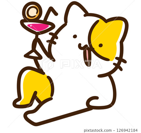 A deformed illustration of a cute cat character relaxing and drinking from a stylish glass A deformed illustration of a cute cat character relaxing and drinking from a stylish glass 126942184