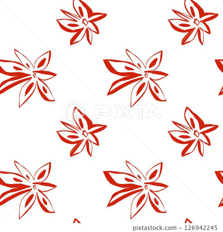Red hand drawn star anise pattern with whimsical organic spices flowers on white background seamless surface 126942245