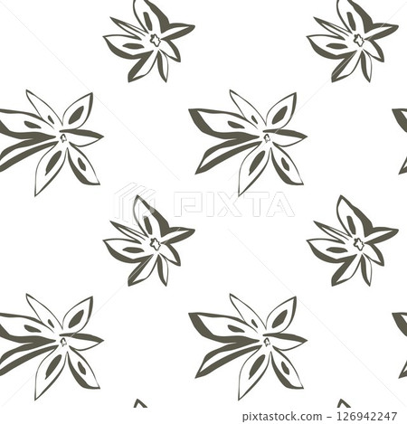 Green whimsical star anise pattern drawn by hand with organic line on white seamless background for natural design 126942247