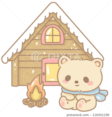 Cute kawaii bear sitting in front of a cozy cabin in the wood with a bonfire Hand-drawn with pastel fall colors, perfect for stickers, cards, planners, and seasonal crafts. Transparent background  126942296