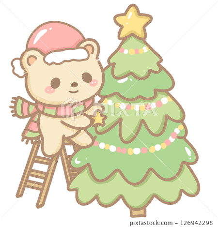 Cute kawaii bear decorating a christmas tree. Hand-drawn with soft pastel colors, perfect for winter cards, stickers, crafts, and seasonal designs. Transparent background. 126942298