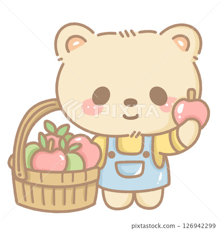 Cute kawaii bear picking apples. Hand-drawn with pastel fall colors, perfect for stickers, cards, planners, and seasonal crafts. Transparent background included. 126942299