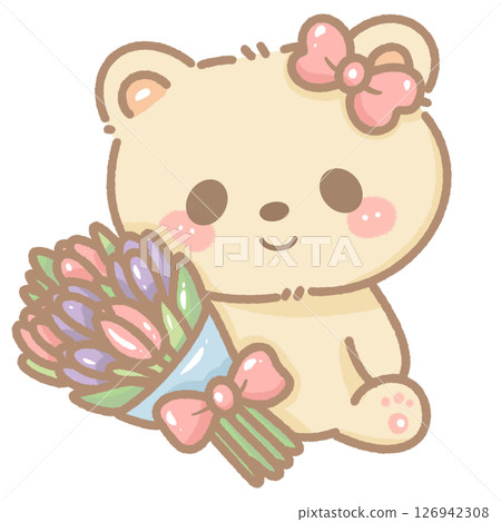 Cute kawaii bear holding a spring bouquet. Hand-drawn pastel perfect for spring cards, wedding invites, stickers, and digital crafts. Transparent background included. Cute kawaii bear holding a spring bouquet. Hand-drawn pastel perfect for spring cards, wedding invites, stickers, and digital crafts. Transparent background included. 126942308