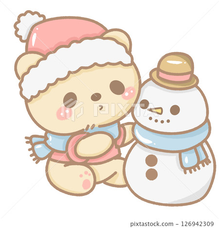 Cute kawaii bear in winter hat and scarf building a snowman. Hand-drawn with soft pastel colors, perfect for winter cards, stickers, crafts, and seasonal designs. Transparent background. Cute kawaii bear in winter hat and scarf building a snowman. Hand-drawn with soft pastel colors, perfect for winter cards, stickers, crafts, and seasonal designs. Transparent background. 126942309