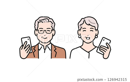 一對老年夫婦高興地看到智慧型手機的簡單向量插圖 一對老年夫婦高興地看到智慧型手機的簡單向量插圖 126942315