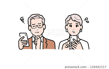 Simple vector illustration of a senior couple looking at a smartphone and worrying 126942317