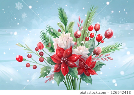 Winter fresh.Red green flowers bouquet on snow Winter fresh.Red green flowers bouquet on snow 126942418
