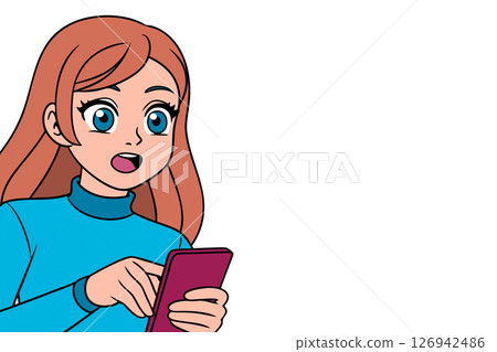 Serious cute girl in blue sweater with mobile phone 126942486