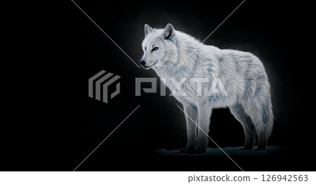 一隻白狼孤獨的身影漂浮在黑色背景上 [生成式人工智慧] 126942563