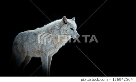 The solitary figure of a white wolf floating against a black background [Generative AI] 126942564