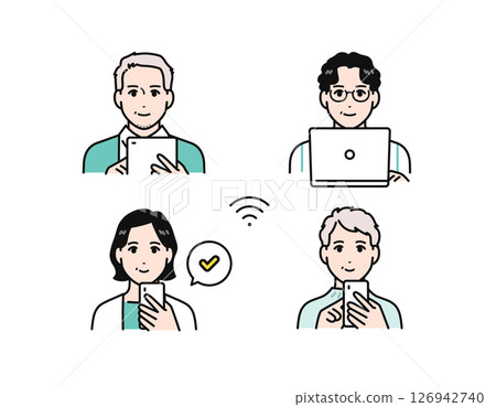 Simple vector illustration set of middle-aged men and women using online services Simple vector illustration set of middle-aged men and women using online services 126942740