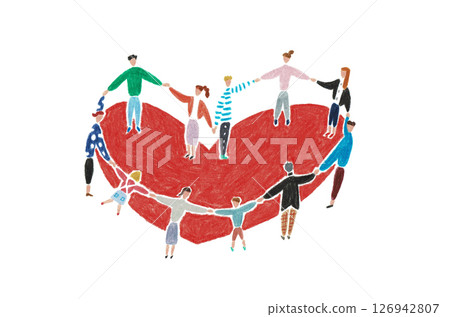 手繪插圖:人們手牽手圍成心形圈 手繪插圖:人們手牽手圍成心形圈 126942807