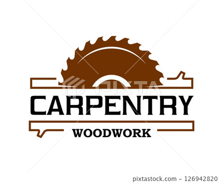Carpentry and woodwork emblem with saw blade and tree wood log for carpenter workshop, vector icon. Carpentry service and craftman or woodcraft production and manufacture sign of circular saw blade 126942820