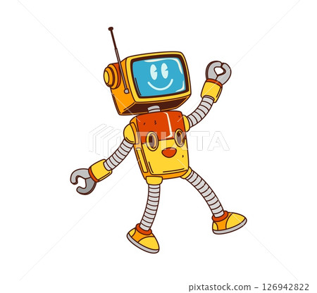 Cartoon groovy robot character with yellow boxy body, antenna and flexible arms. Vector smiling droid or android with screen face and funny expression. Retro personage with comic y2k hippie funky vibe Cartoon groovy robot character with yellow boxy body, antenna and flexible arms. Vector smiling droid or android with screen face and funny expression. Retro personage with comic y2k hippie funky vibe 126942822