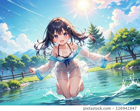 A girl playing water 126942847