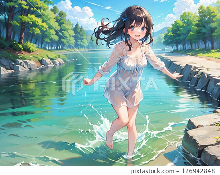 A girl playing water 126942848