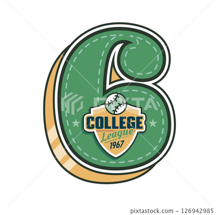 Varsity sport patch with number 6 font and baseball ball for university team, vector emblem. College league or varsity sport champs patch with number 6 six for baseball player shirt or championship 126942985