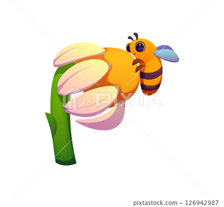 Honey font, bee and daisy flower letter P. Sweet honey agriculture letter, beekeeping farming vector type element. Apiary farm kids ABC typeset symbol or honey bee harvest English alphabet font sign 126942987