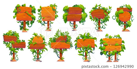 Cartoon wooden sign boards decorated tropical jungle leaves and lianas. Isolated vector timber banners on poles with nails and hanging vines. Cartoon game menu panels with rainforest creeper plants Cartoon wooden sign boards decorated tropical jungle leaves and lianas. Isolated vector timber banners on poles with nails and hanging vines. Cartoon game menu panels with rainforest creeper plants 126942990