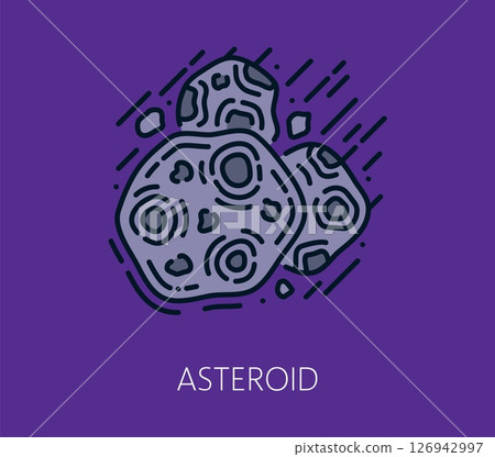 Color line galaxy space icon of asteroid hurtling through space with craters and motion lines. vector symbol of celestial body, symbolizing astronomy, meteors, space exploration and cosmic phenomena Color line galaxy space icon of asteroid hurtling through space with craters and motion lines. vector symbol of celestial body, symbolizing astronomy, meteors, space exploration and cosmic phenomena 126942997