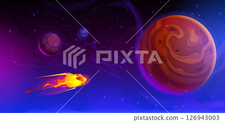Alien space planets and flying comet or meteor with fire flames trails at universe galaxy landscape vector background. Cartoon alien space sky with planets, stars and meteor shower of flying comet 126943003