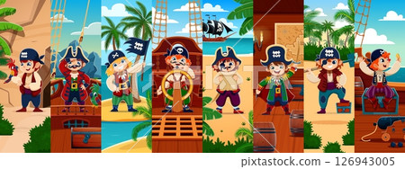 Cartoon kid pirate and corsair characters collage. Cheerful girls and boys kid pirate captain, sailor vector personages reading treasure map, waving Jolly Roger, playing with parrot and steering ship 126943005