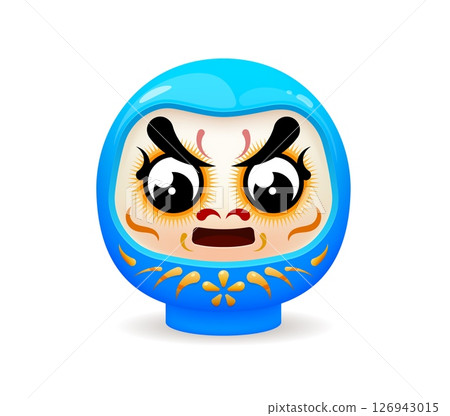 Japanese doll face, Daruma or Japan culture symbol and talisman, vector blue face. Daruma doll of Bodhidharma symbol for success in education or study, learning and intellect in Japanese craft art 126943015