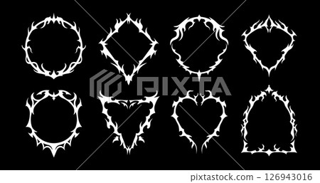 Neo gothic frames and tribal borders or fantasy ornaments for tattoo, vector flame shapes. Neo gothic frames in Y2K design with burn fire flames or sharp spikes and branch thorns with ornate edges 126943016