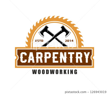 Carpentry woodwork icon featuring crossed axes silhouette in front of a circular saw blade, emphasizing the woodworking tradition, sawmill service and craftsmanship with rugged brown and black tones Carpentry woodwork icon featuring crossed axes silhouette in front of a circular saw blade, emphasizing the woodworking tradition, sawmill service and craftsmanship with rugged brown and black tones 126943019