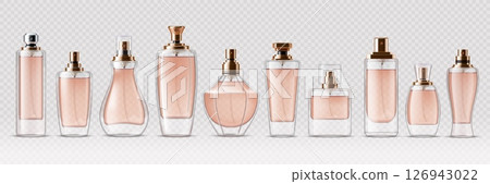 Fragrance glass bottle mockups and cosmetic spray containers, realistic vector 3D set. Perfume atomizer bottle mockups with golden cap, transparent glass sprays for luxury perfumery or cologne package Fragrance glass bottle mockups and cosmetic spray containers, realistic vector 3D set. Perfume atomizer bottle mockups with golden cap, transparent glass sprays for luxury perfumery or cologne package 126943022