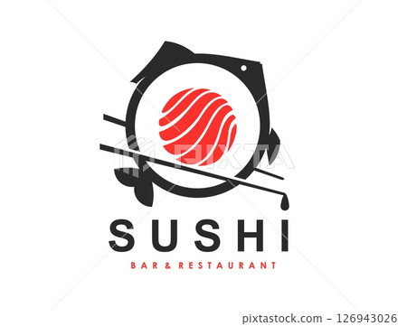 Japanese salmon sushi restaurant icon featuring chopsticks, circular sushi roll in shape of fish and typography emphasize dining experience. Vector emblem for a sushi bar and Asian restaurant service 126943026