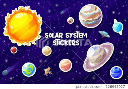 Solar system planets stickers pack. Earth, Mars, Saturn and Venus, Pluto, Jupiter planets with orbits around Sun cartoon vector background. Astronomy and space Solar System stickers with UFO rocket Solar system planets stickers pack. Earth, Mars, Saturn and Venus, Pluto, Jupiter planets with orbits around Sun cartoon vector background. Astronomy and space Solar System stickers with UFO rocket 126943027