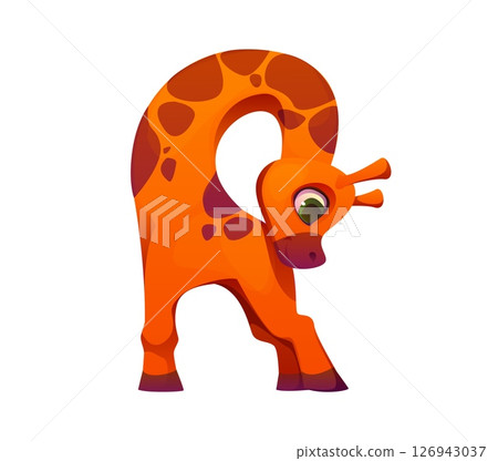 Letter R kids animal alphabet as cartoon giraffe character with brown spots and curved neck. Funny zoo mascot font, children English typeface, . cute abc type for children vocabulary learning game 126943037