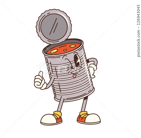 Cartoon groovy travel tin can character. Bean soup tin can funny hippie vector mascot. Canned vegetables food, travel outdoor cooking conserve ribbed can hippie vector personage or groovy character Cartoon groovy travel tin can character. Bean soup tin can funny hippie vector mascot. Canned vegetables food, travel outdoor cooking conserve ribbed can hippie vector personage or groovy character 126943045