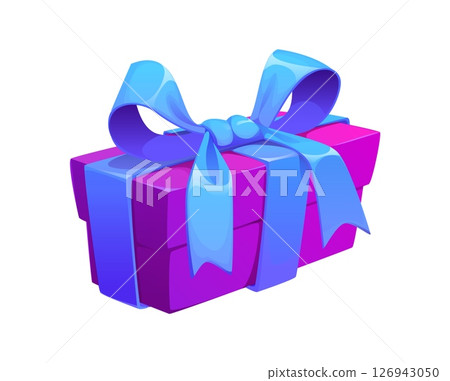 Cartoon Christmas and birthday holiday gift box. Xmas, New year celebration purple giftbox decorated with blue ribbon bow. Christmas holiday, birthday or shopping sale isolated vector gift box 126943050