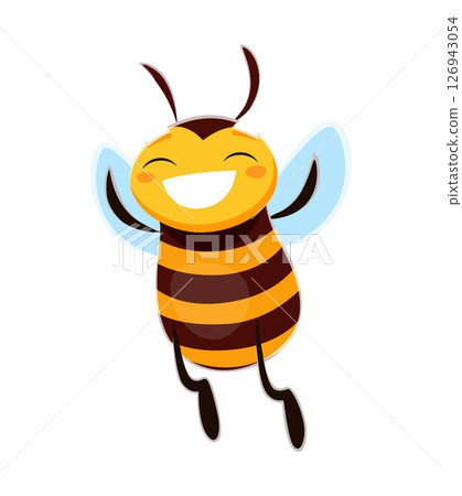 Cartoon honey bee character, cute honeybee animal mascot with cheerful expression and bright black and yellow stripes. Isolated vector flying bee insect personage waving hands and happily smiling 126943054