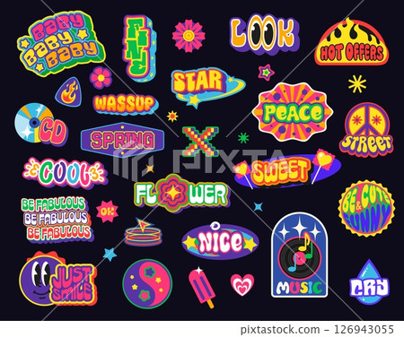 Y2k retro funky groovy stickers patch labels of vector abstract geometric shapes with cool smile emoji, trendy 90s hearts, stars and flowers. Retro hippie peace symbols, y2k candies and fire stickers 126943055