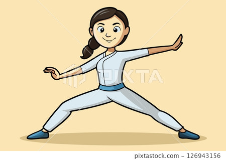 Young girl in gray doing sports stretching, warm up exercises 126943156
