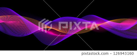Neon sound wave on black background. Abstract flowing wavy lines design for ai concept, eq equalizer, audio record, voice assistant. Orange pink purple gradient curve stripe wallpaper. Vector 126943160