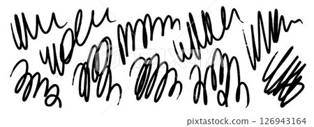 Hand drawn pen scribble set. Free hand rough pencil scrawl collection. Grunge crayon curly doodle line pack. Messy charcoal squiggle brush stroke bundle. Vector black bold wiggly marker sketch swirl 126943164